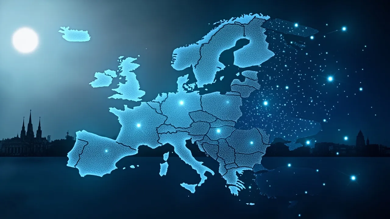 Symbol image: a stylized map of Europe with connected AI nodes and a chat interface