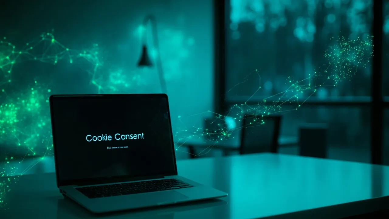 Symbolbild: ein Laptop in einem modernen Berliner Büro zeigt eine typische Cookie-Einwilligungsabfrage als Sinnbild für DSGVO-Compliance