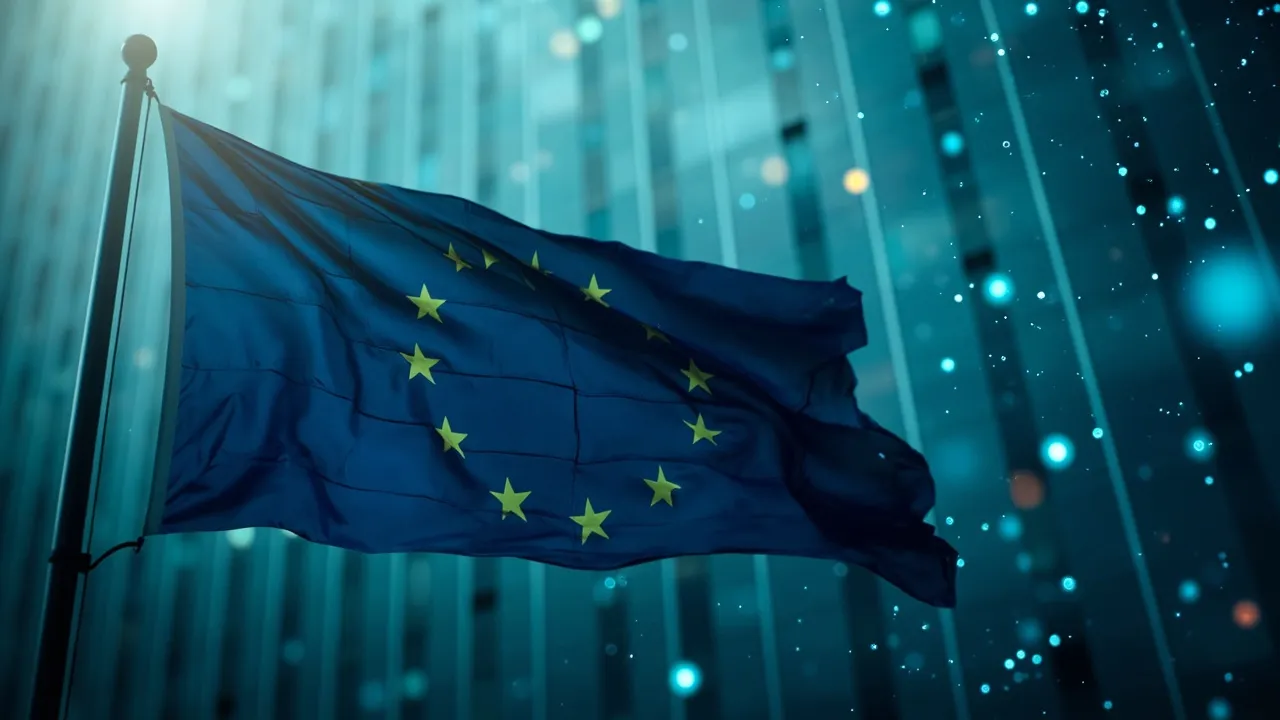 Symbolbild: eine EU-Flagge vor einem verglasten Bürogebäude als Sinnbild für den europäischen Rechtsrahmen für Künstliche Intelligenz